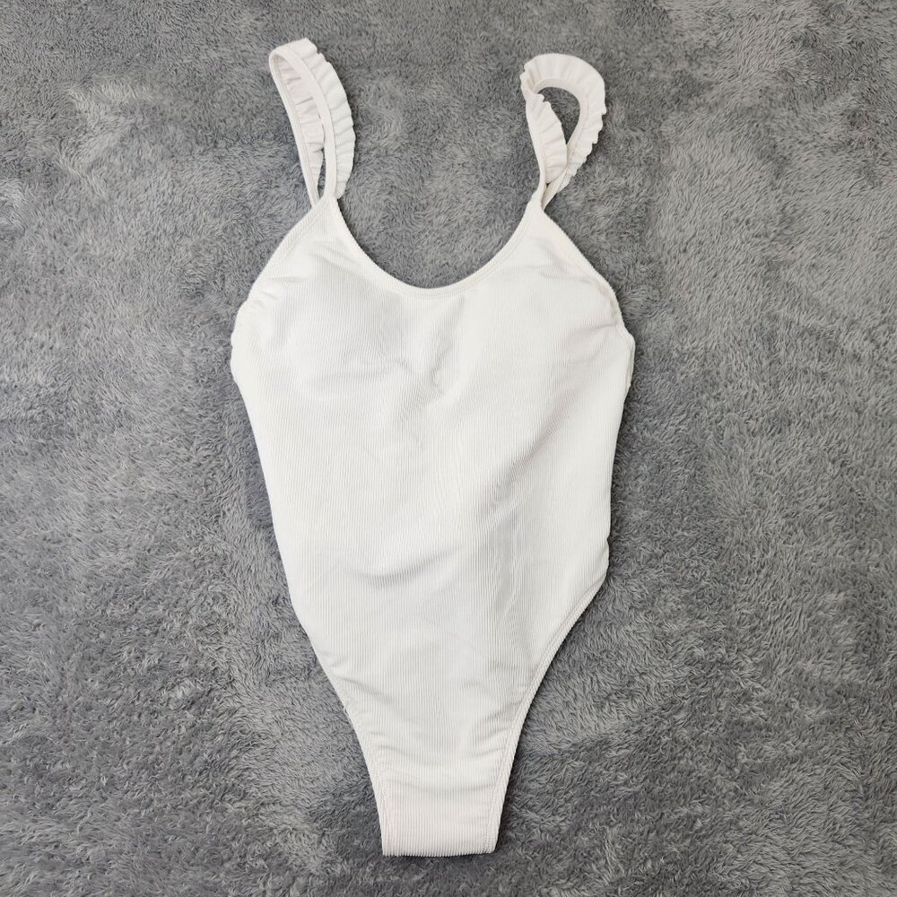 Xhilaration One-Piece Swimsuit Juniors L (8-10) White Ribbed Ruffled Strap Solid